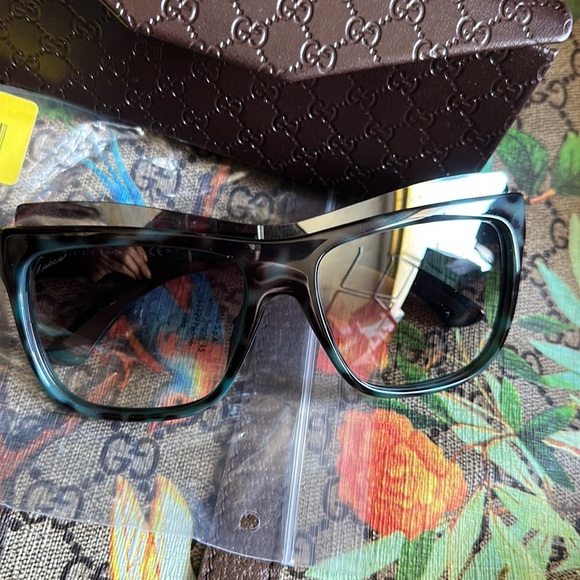 NEW GUCCI DOUBLE GG SUNGLASSES FRAME EYEBROW MASK BLUE TORTOISE 3782 TEAL BROWN - Picture 13 of 16